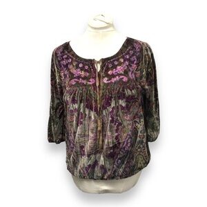 One World Live and Let Live Vintage Y2K Velvet Boho Hippie Peasant Top 70s
